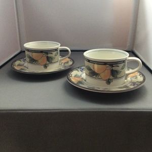 Set of 2 Mikasa Intaglio "Garden Harvest" pattern Demi cups with saucers